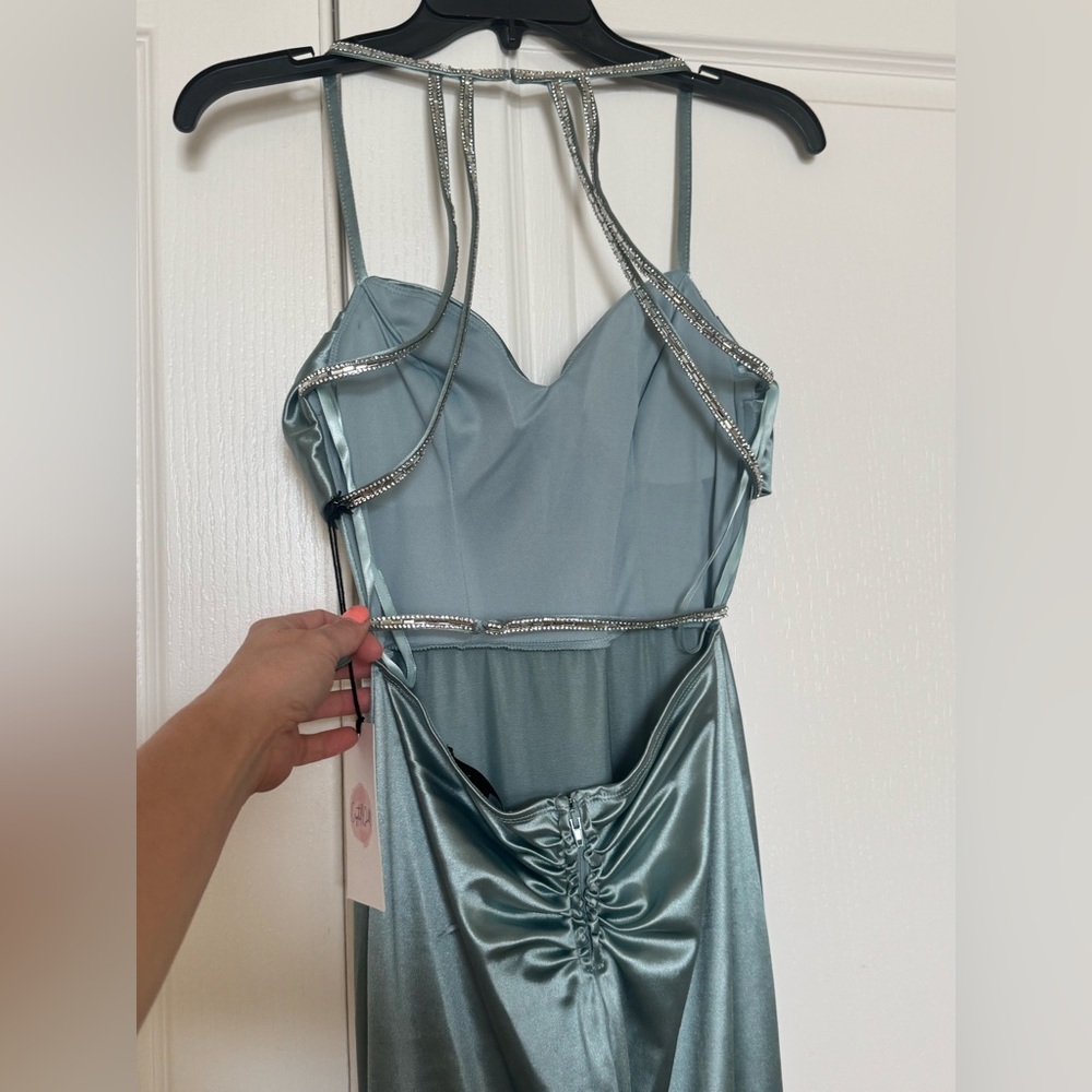 Elegant Satin gown dress with Rhinestone Straps